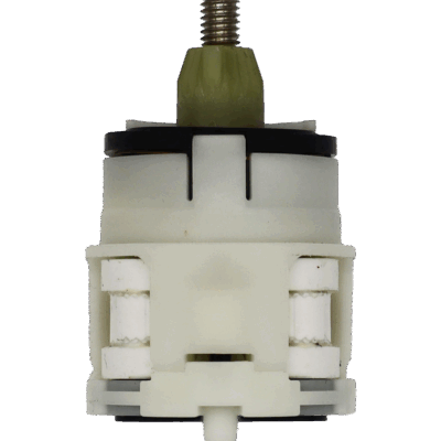 White plastic cartride with ceramic discs threaded handle connection with black o-rings.