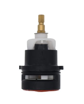 Black plastic cartridge with white plastic top brass stem white ceramic discs and red rubber bottom seal.