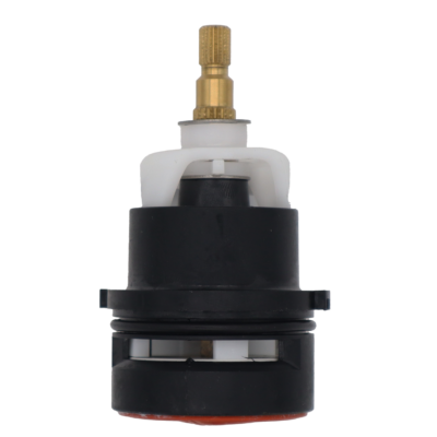 Black plastic cartridge with white plastic top brass stem white ceramic discs and red rubber bottom seal.