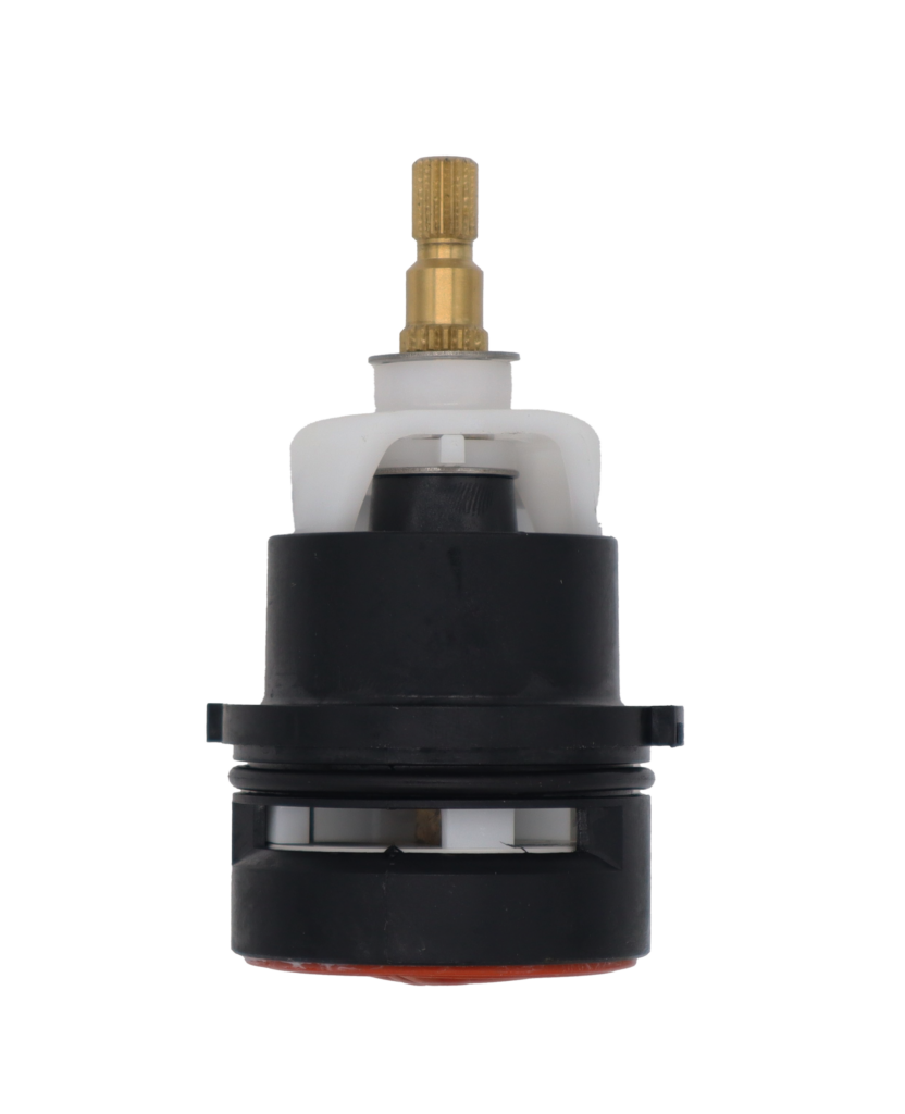 Black plastic cartridge with white plastic top brass stem white ceramic discs and red rubber bottom seal.