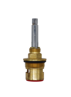 Bright brass cartridge with polished chrome stem black oring white ceramic discs and red bottom washer.
