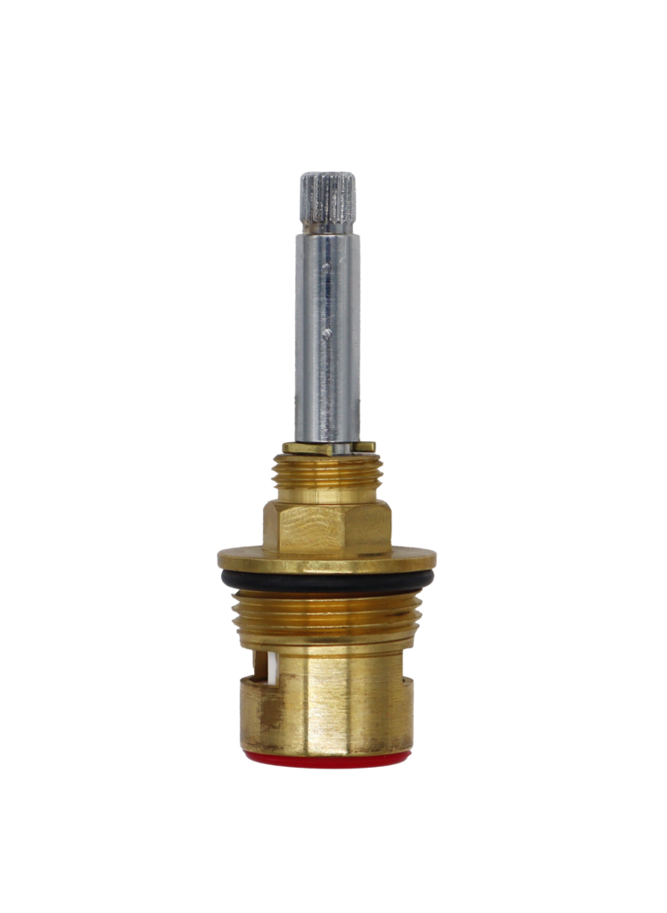 Bright brass cartridge with polished chrome stem black oring white ceramic discs and red bottom washer.