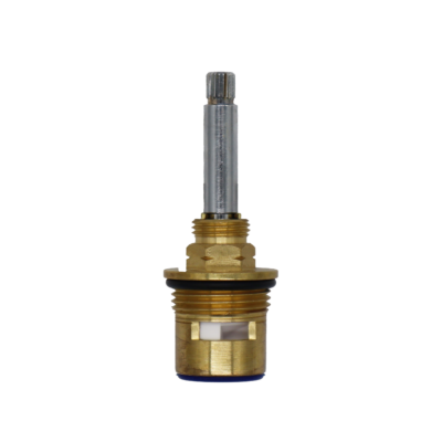 Bright brass cartridge with polished chrome stem black oring white ceramic discs and blue bottom washer.