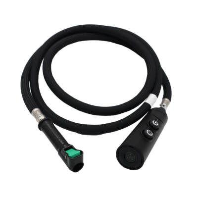 Matte black spray head with 2 rubber buttons black braided hose and black plastic quick connet with green button.