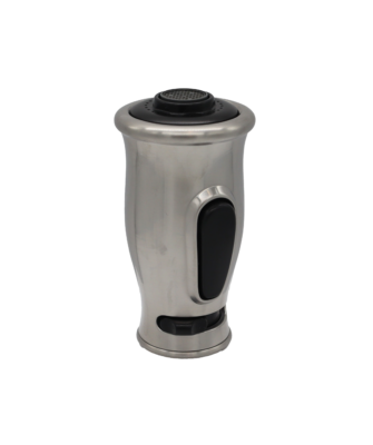Stainless spray head with black spray face black selection stop and black dual function rubber button.