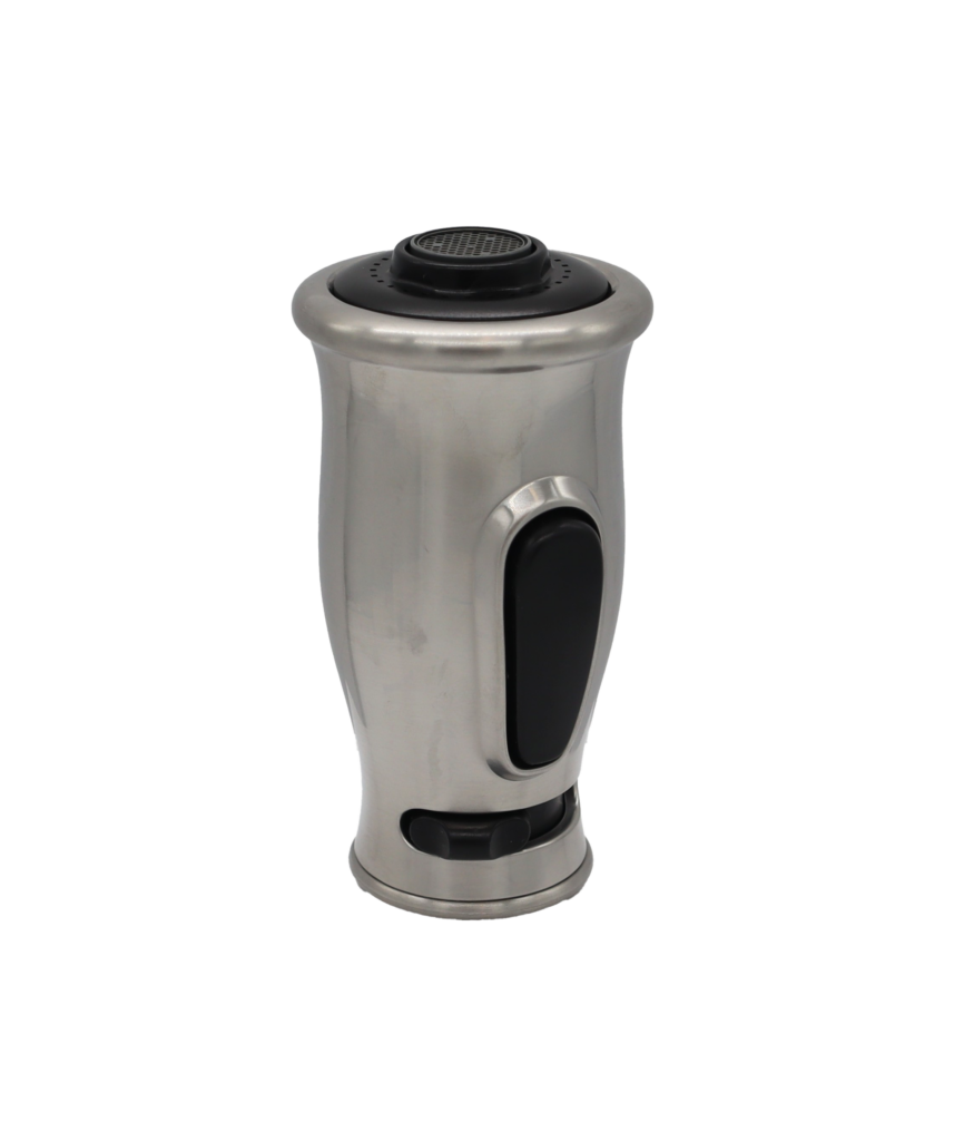 Stainless spray head with black spray face black selection stop and black dual function rubber button.
