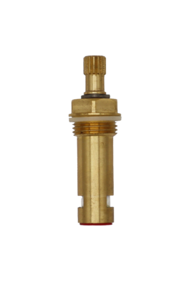 Bright brass cartridge body with metal clip poly ring with white ceramic discs and red bottom washer.