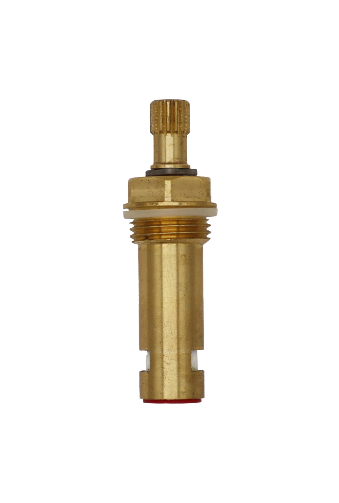 Bright brass cartridge body with metal clip poly ring with white ceramic discs and red bottom washer.