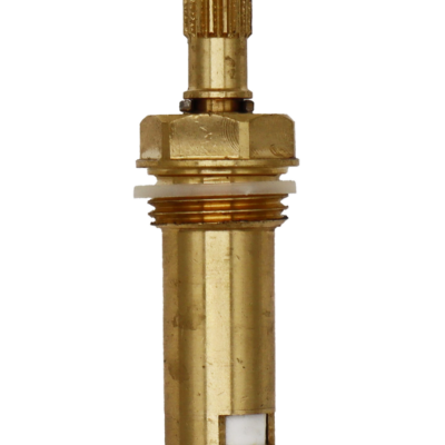 Bright brass cartridge body with metal clip poly ring with white ceramic discs and blue bottom washer.