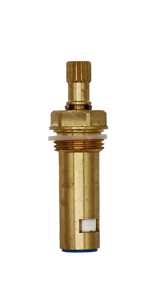 Bright brass cartridge body with metal clip poly ring with white ceramic discs and blue bottom washer.