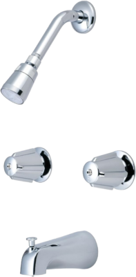 Bright polished chrome spout handles shower arm and shower head.