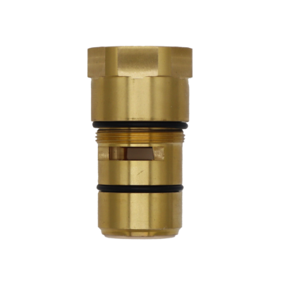 Bright brass body with white plastic spring loaded stop with white rubber bottom seal