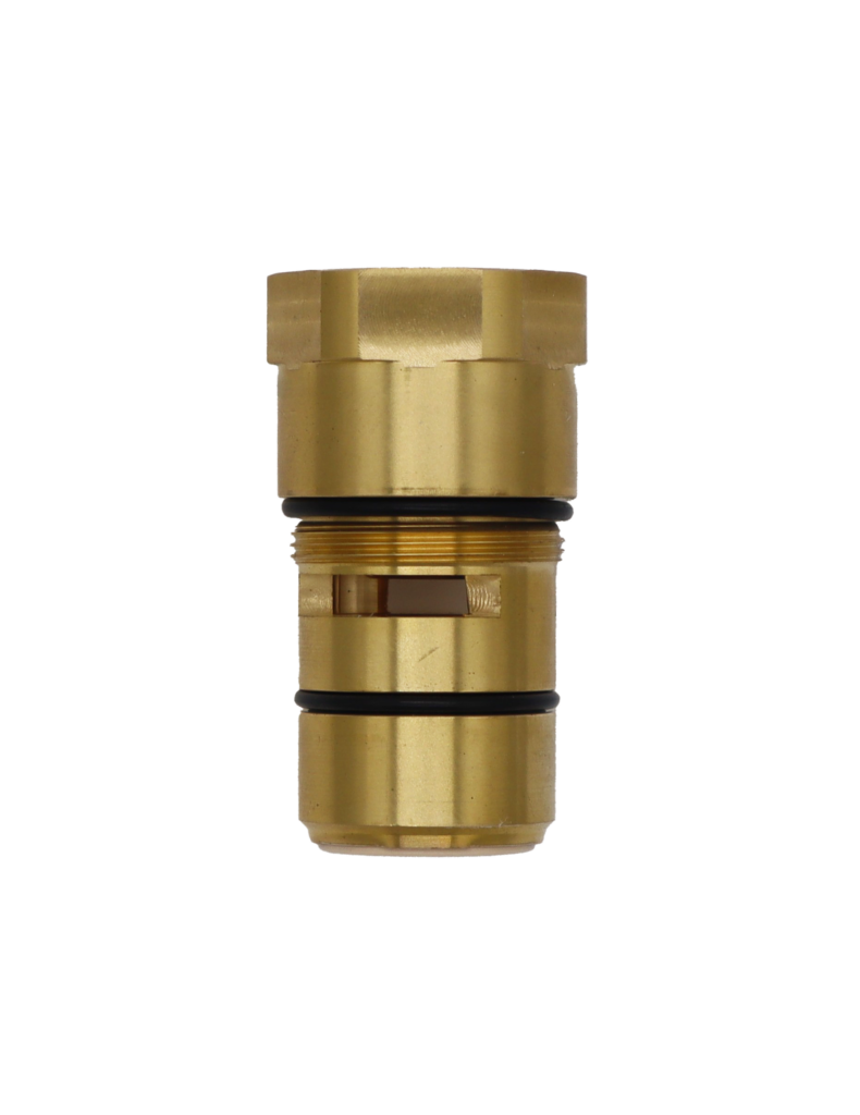 Bright brass body with white plastic spring loaded stop with white rubber bottom seal