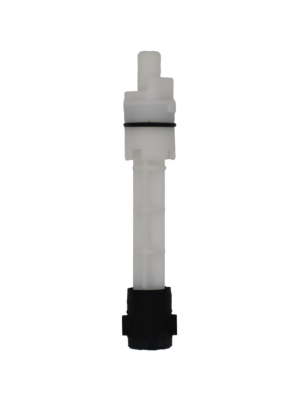 Bright white plastic cartridge with black rubber o-ring and black rubber boot on the bottom.