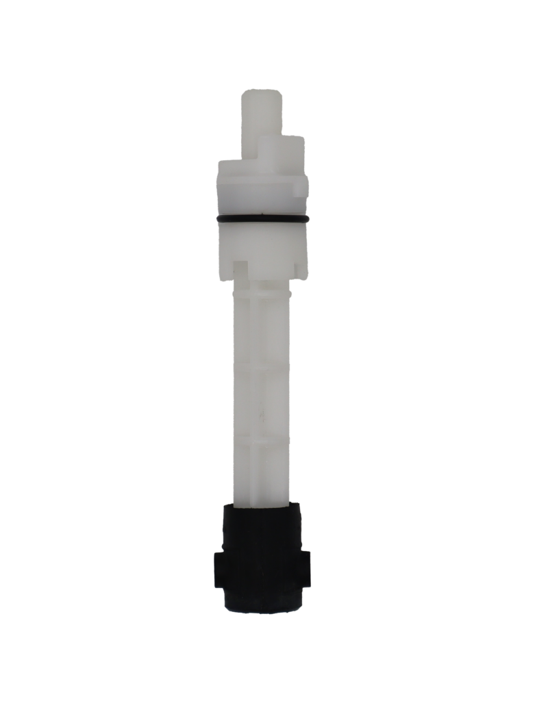 Bright white plastic cartridge with black rubber o-ring and black rubber boot on the bottom.
