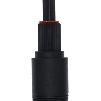 Black plastic cartridge with red limit stop and blue rubber seal.