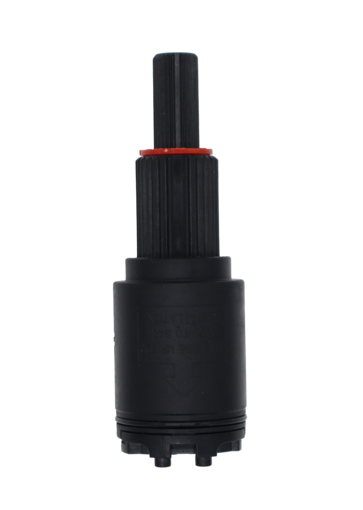 Black plastic cartridge with red limit stop and blue rubber seal.