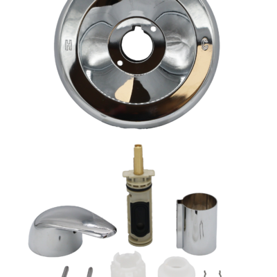 Grey and black posi temp cartridge polished chrome escutcheon and sleeve metal clip and handle and stainless screws.