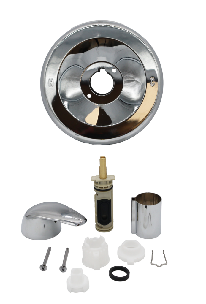 Grey and black posi temp cartridge polished chrome escutcheon and sleeve metal clip and handle and stainless screws.
