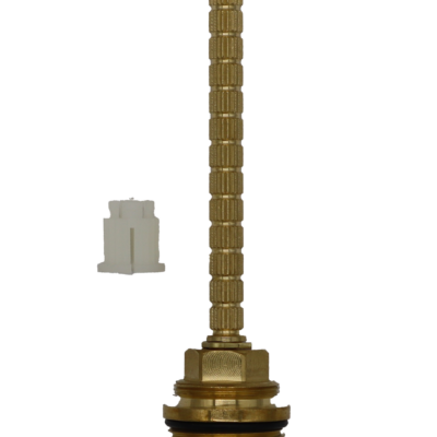 Bright brass cartridge with black rubber o-ring white bottom seal and clear plastic handle adapter.