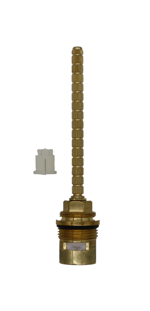 Bright brass cartridge with black rubber o-ring white bottom seal and clear plastic handle adapter.