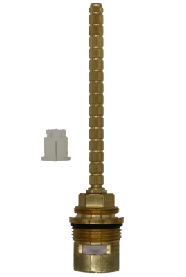 Bright brass cartridge with black rubber o-ring white bottom seal and clear plastic handle adapter.