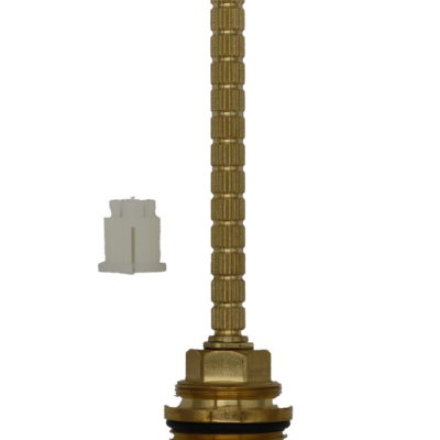 Bright brass cartridge with black rubber o-ring white bottom seal and clear plastic handle adapter.