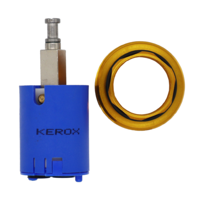 Bright blue plastic cartridge with Kerox piringted on it square stainless stem with screw top black rubber seals and bright brass bonnet nut.