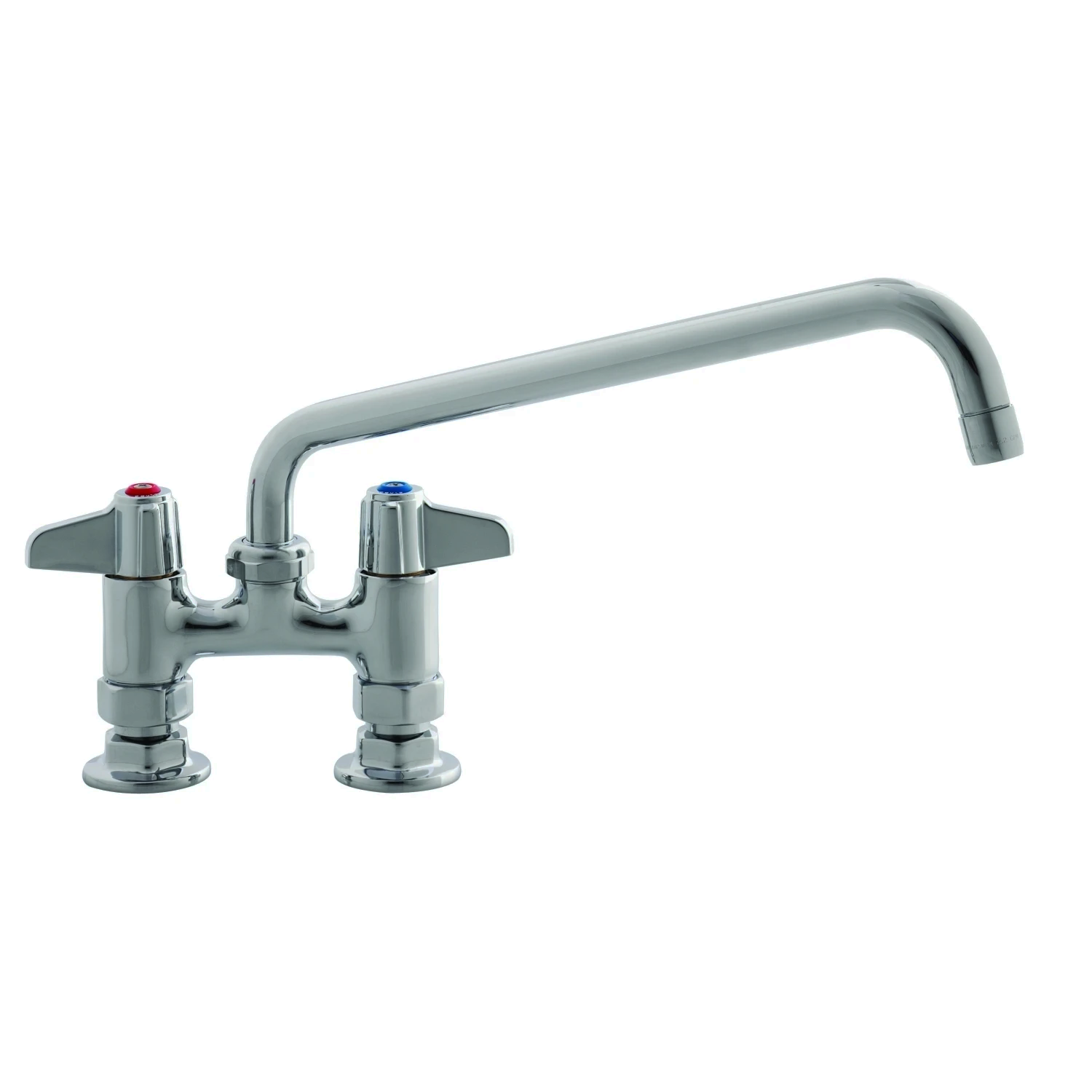 Bright polished chrome deck mount faucet with long swing spout winged lever handles with red and blue hot and cold index buttons.