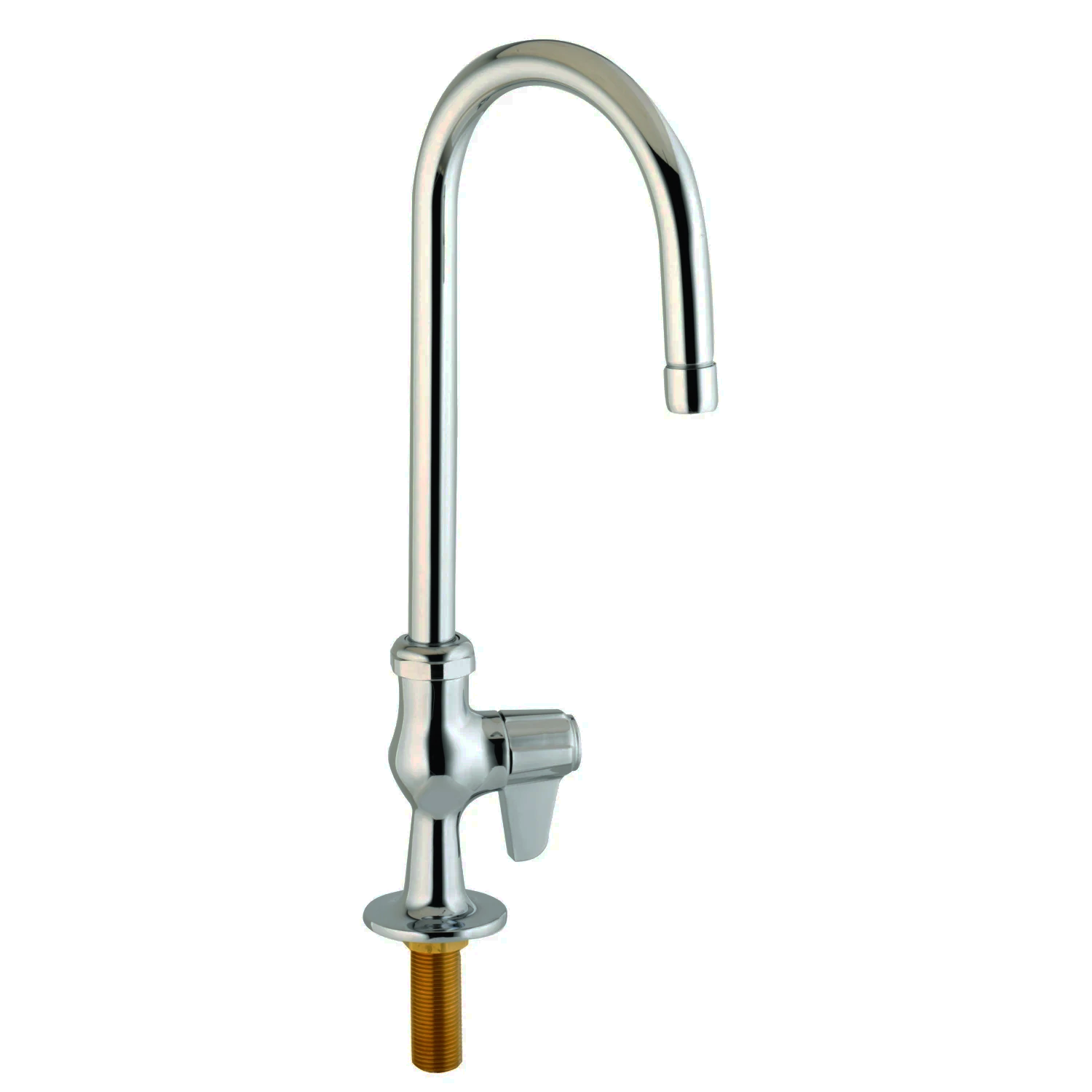 Bright polished chrome deck mount single hole faucet with gooseneck spout and winged lever handle brass threaded connection.
