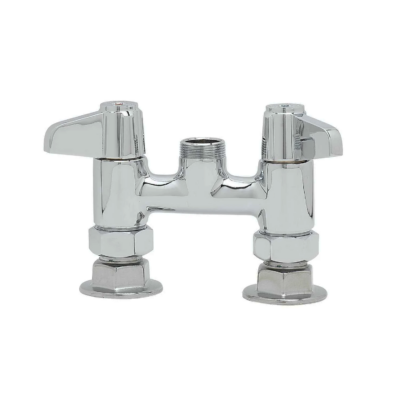 Bright polished chrome deck mount faucet with winged lever handles and no spout.