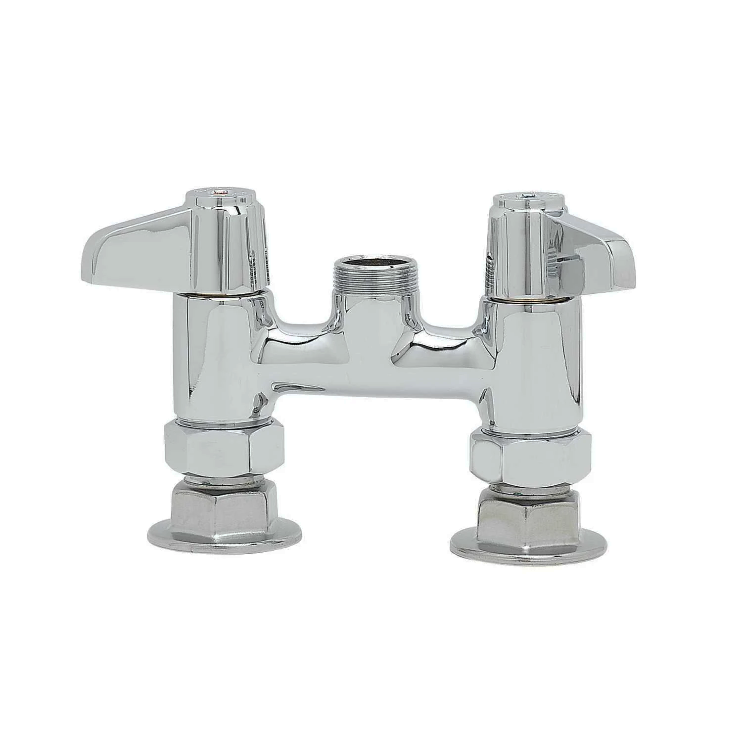 Bright polished chrome deck mount faucet with winged lever handles and no spout.