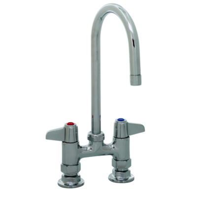 Bright polished chrome deck mount faucet with gooseneck spout and red and blue hot and cold index buttons.