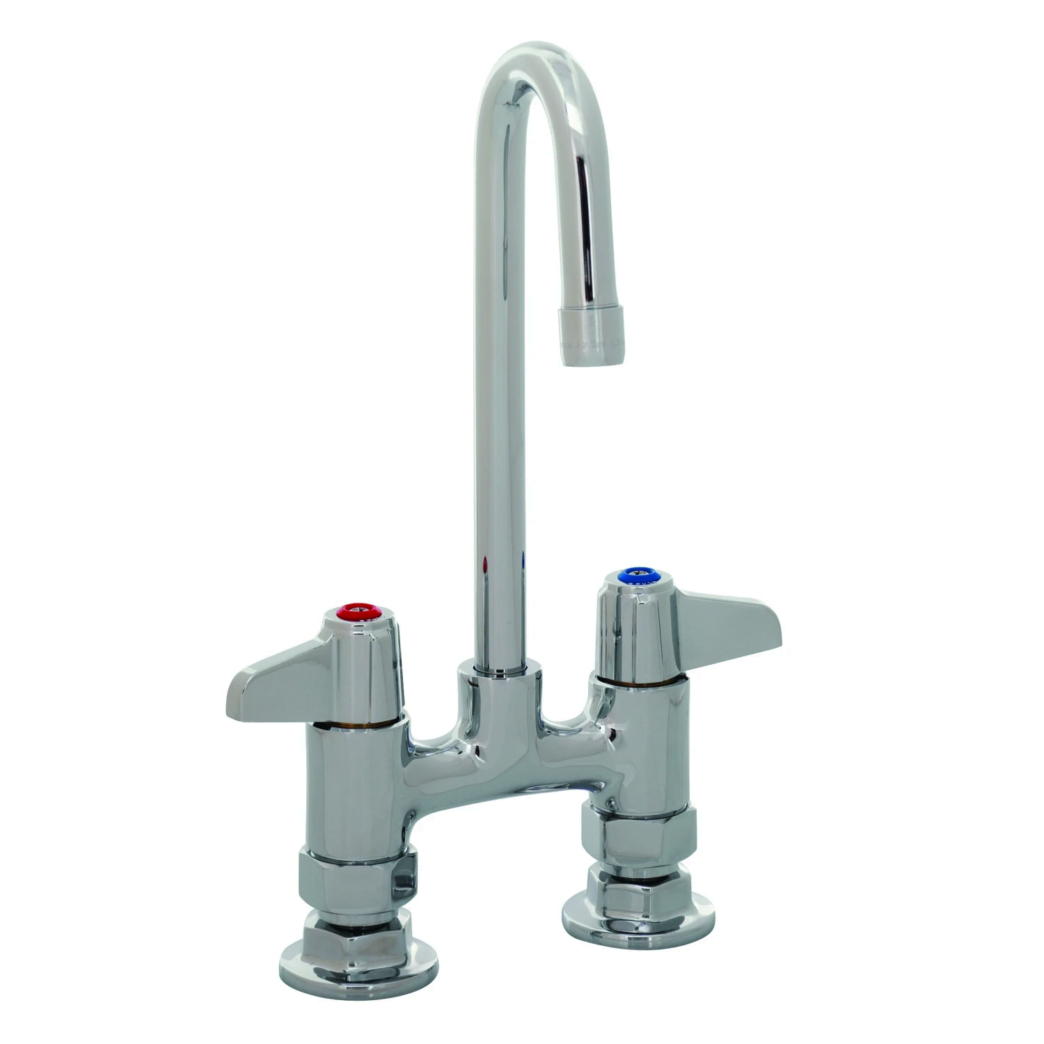 Bright polished chrome deck mount faucet with gooseneck spout and red and blue hot and cold index buttons.