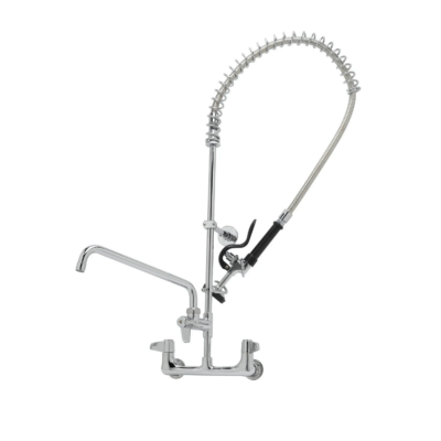 Bright polished chrome wall mount pre-rinse unit with add on faucet chrome spring black spray handle and black spray head.