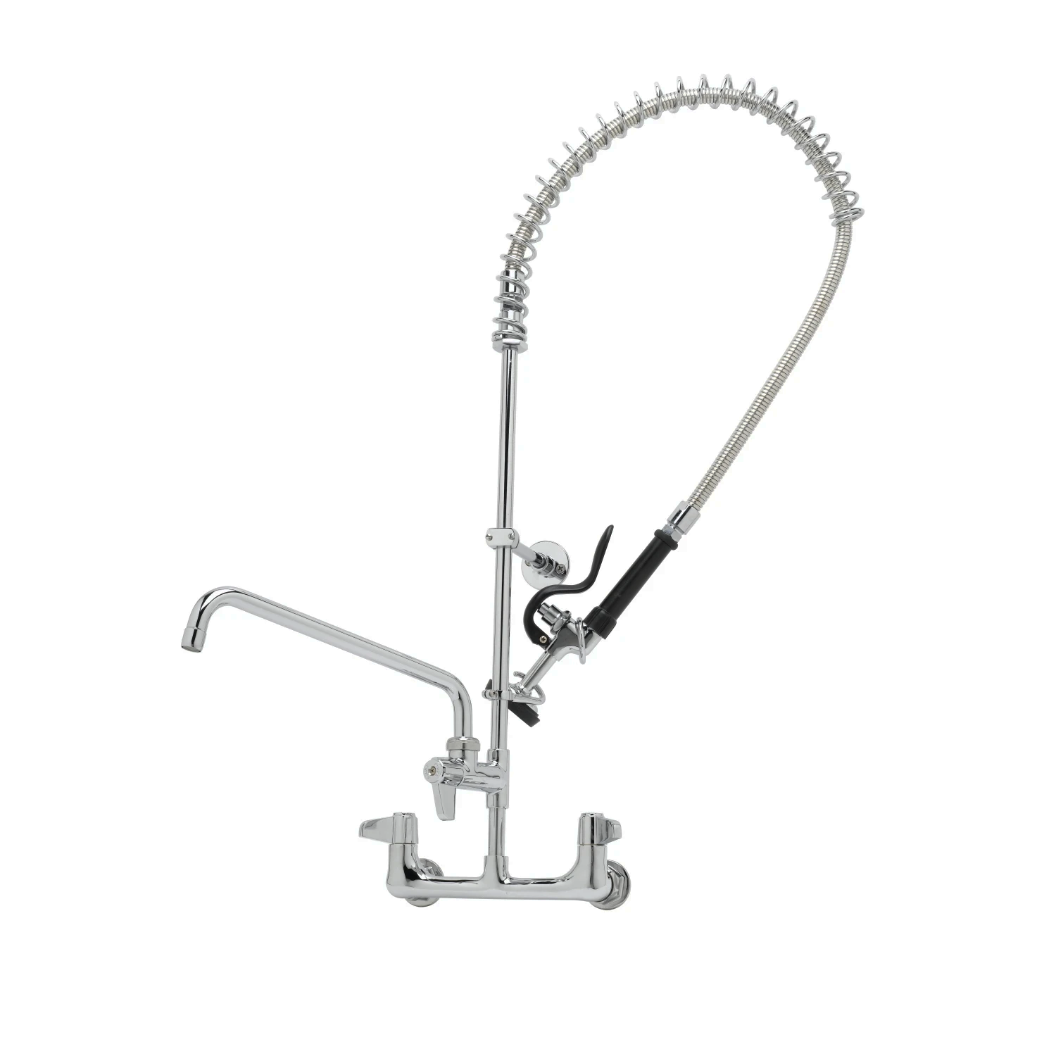 Bright polished chrome wall mount pre-rinse unit with add on faucet chrome spring black spray handle and black spray head.