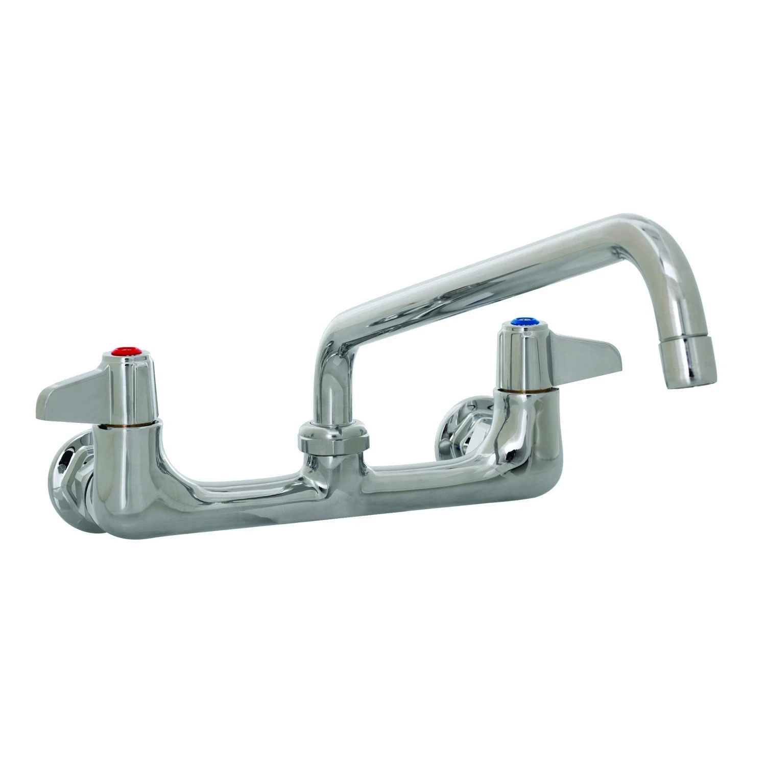 Bright polished chrome wall mount faucet with swing spout and red and blue hot and cold index buttons.