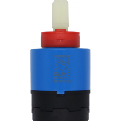 Blue and black plastic cartridge with red limit stop white plastic handle connection and blue rubber bottom seal.