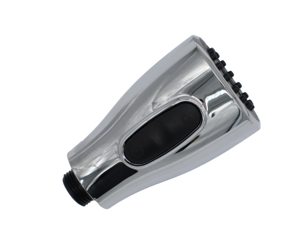 Polished chrome sprayhead with black rubber button black plastic threads for hose connection and black spray face and aerator.