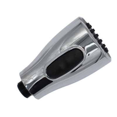 Polished chrome sprayhead with black rubber button black plastic threads for hose connection and black spray face and aerator.