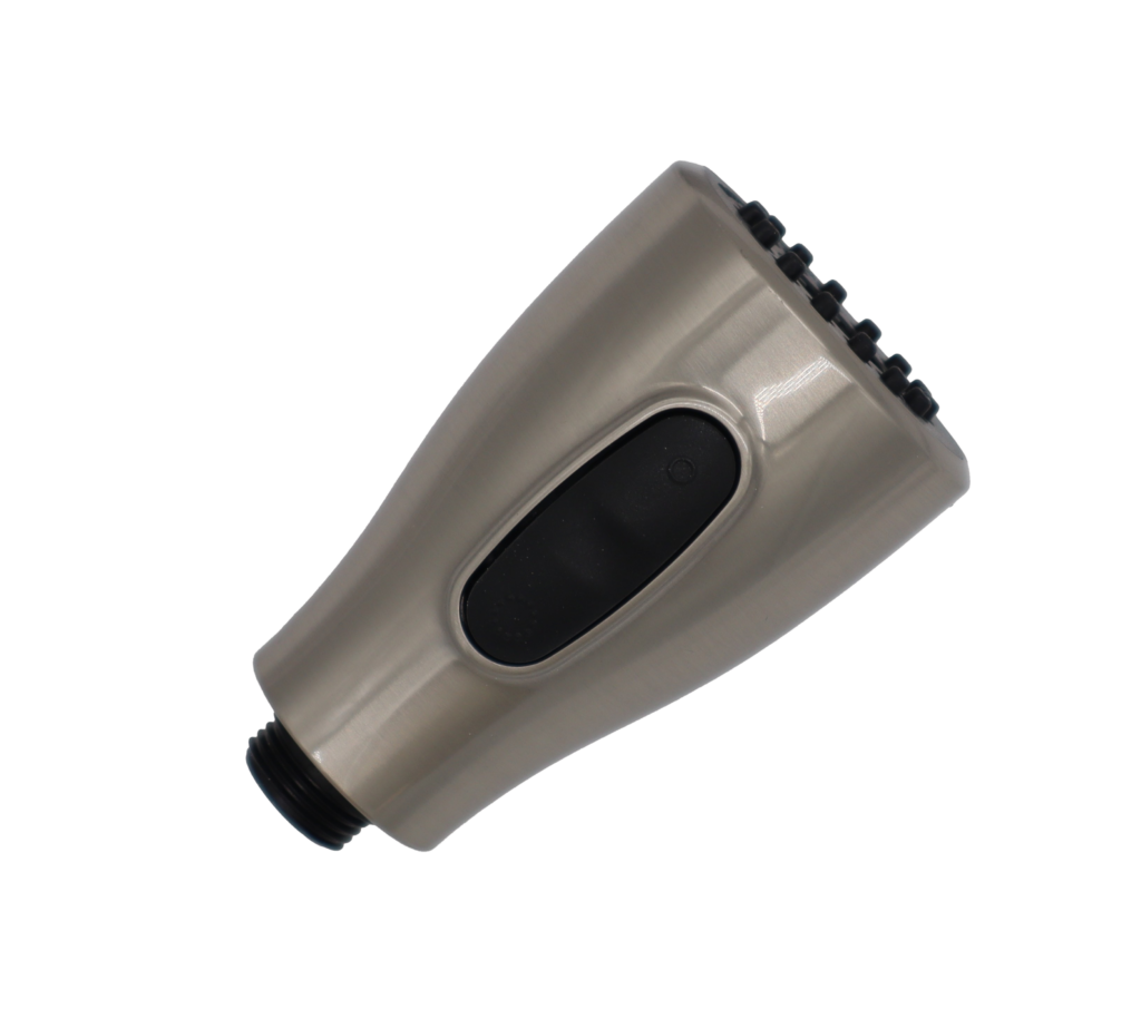 Stainless steel sprayhead with black rubber button black plastic spray face and black plastic threads for hose connection.