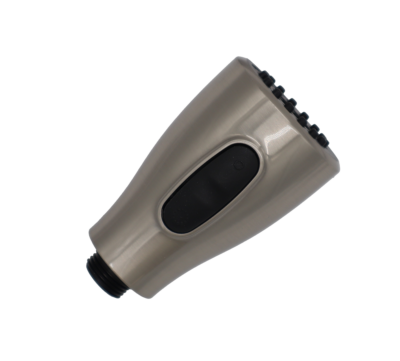 Stainless steel sprayhead with black rubber button black plastic spray face and black plastic threads for hose connection.
