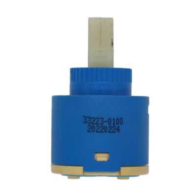 Blue plastic cartridge with square white platic handle connection tan bottom with light blue rubber seals.