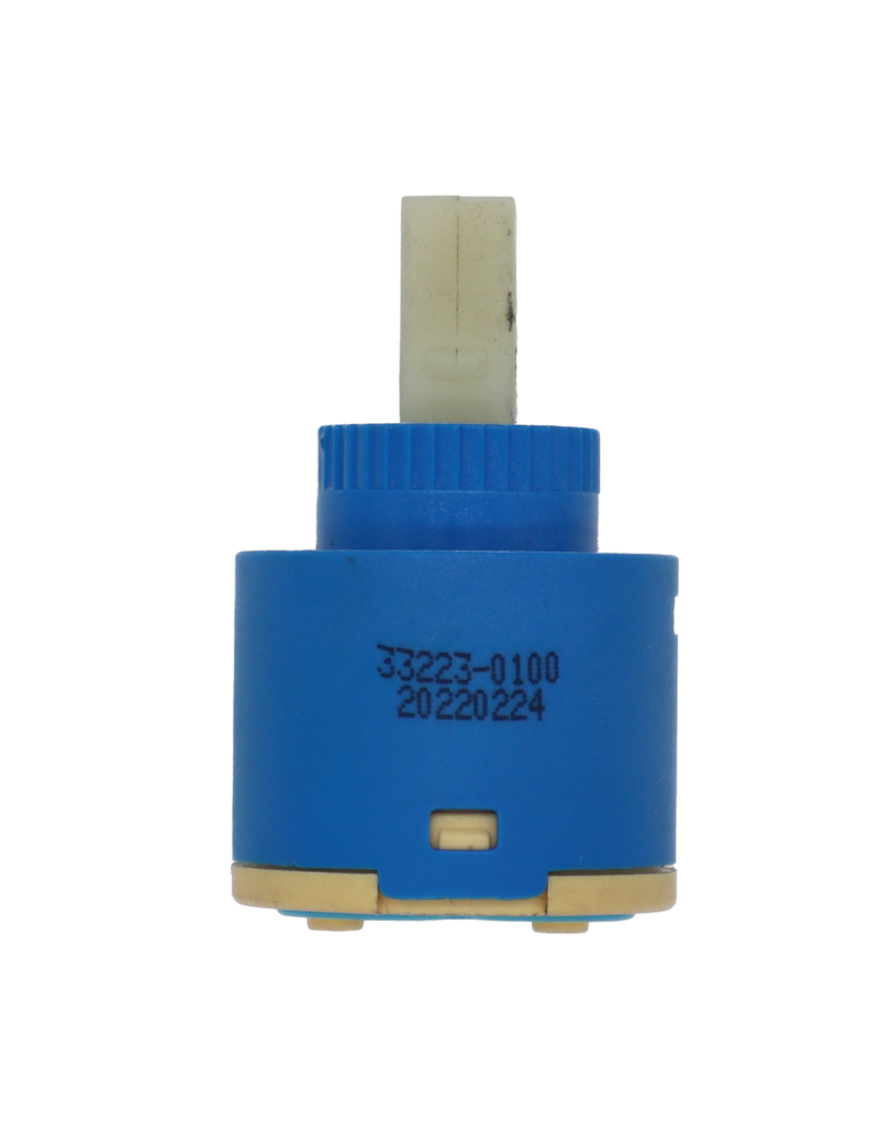 Blue plastic cartridge with square white platic handle connection tan bottom with light blue rubber seals.