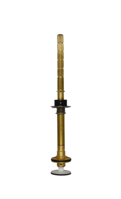 Bright brass stem with black rubber packing stainless spring black rubber o-rings and white plastic bottom.