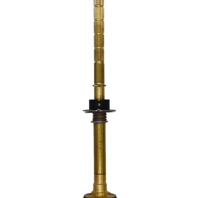 Bright brass stem with black rubber packing stainless spring black rubber o-rings and white plastic bottom.