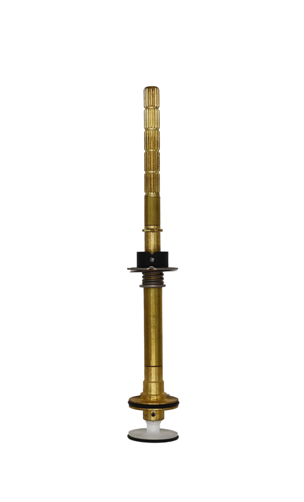 Bright brass stem with black rubber packing stainless spring black rubber o-rings and white plastic bottom.