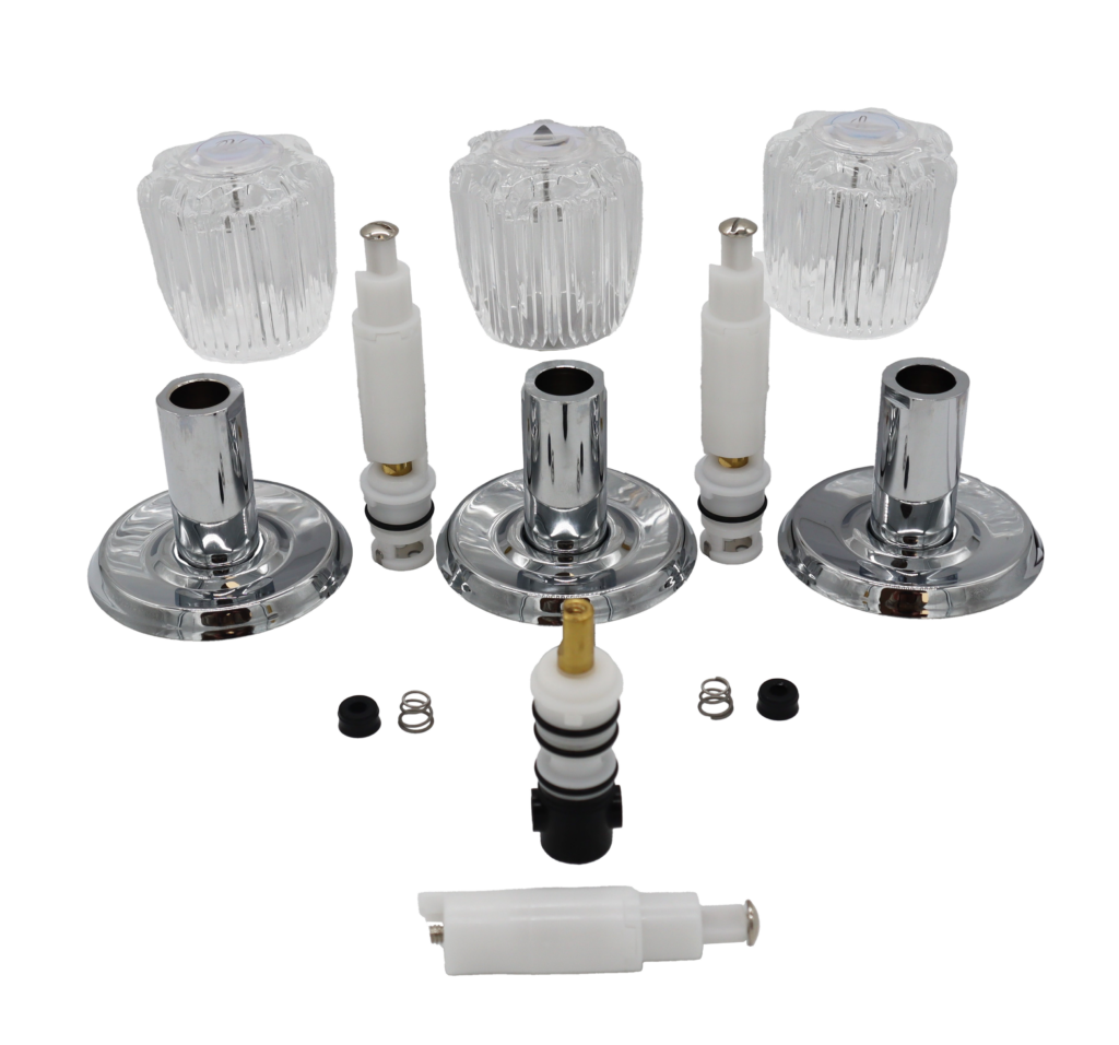 White plastic cartridge with black rubber o-rings polished chrome escutcheons and sleeves acrylic handles and stainless springs and rubber seats.