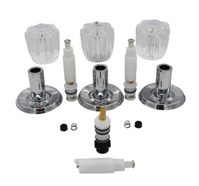 White plastic cartridge with black rubber o-rings polished chrome escutcheons and sleeves acrylic handles and stainless springs and rubber seats.
