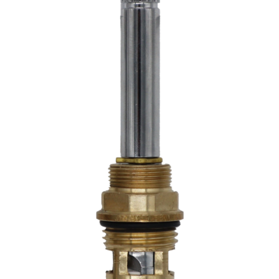 Brass cartridge body with polished chrome stem black o-ring white ceramic discs and blue seal.